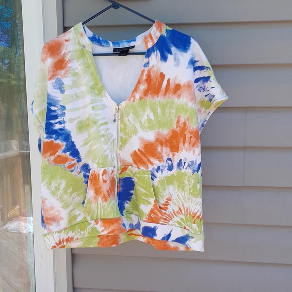 Blue and Orange Cap Sleeve Button Down Crop Top Silver ZIP UP  14/16 XL - Picture 1 of 6